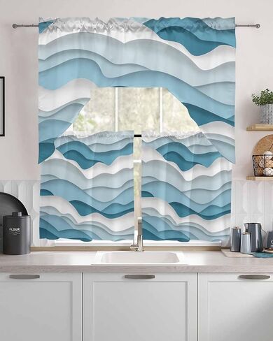 Purple Ombre Kitchen Curtains Swag Valance and Tier Curtains Set 24 Inch Length, Rod Pocket Drape Panels Pair Swag Curtains for Bathroom/Cafe/Window Modern Geometric Moire Abstract Art in Saudi Arabia