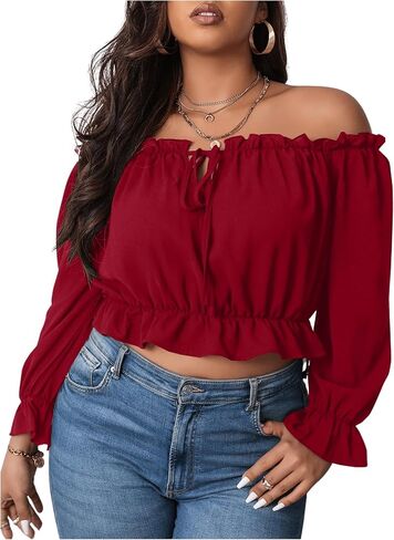 MakeMeChic Women's Plus Size Off Shoulder Shirt Frill Trim Flounce Sleeve Blouses Ruffle Hem Crop Blouse Top in Saudi Arabia