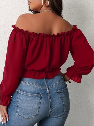 MakeMeChic Women's Plus Size Off Shoulder Shirt Frill Trim Flounce Sleeve Blouses Ruffle Hem Crop Blouse Top in Saudi Arabia