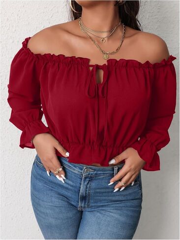 MakeMeChic Women's Plus Size Off Shoulder Shirt Frill Trim Flounce Sleeve Blouses Ruffle Hem Crop Blouse Top in Saudi Arabia
