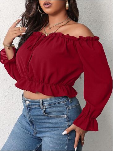 MakeMeChic Women's Plus Size Off Shoulder Shirt Frill Trim Flounce Sleeve Blouses Ruffle Hem Crop Blouse Top in Saudi Arabia