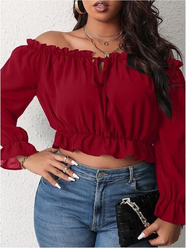 MakeMeChic Women's Plus Size Off Shoulder Shirt Frill Trim Flounce Sleeve Blouses Ruffle Hem Crop Blouse Top in Saudi Arabia
