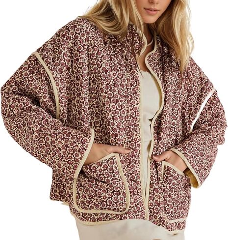 Women's Cropped Puffer Jacket Floral Print Quilted Puffer Jackets Open Front Lightweight Short Jacket Trendy in Kuwait