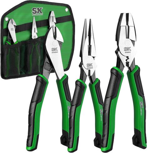 SK 3-Piece Pliers Set, 9.5-Inch Linesman Pliers, 8-Inch Diagonal Pliers, 8-Inch Needle Nose Pliers, Premium CR-V Construction, Ergonomic Non-slip Handle, with Rolling Pouch in Saudi Arabia