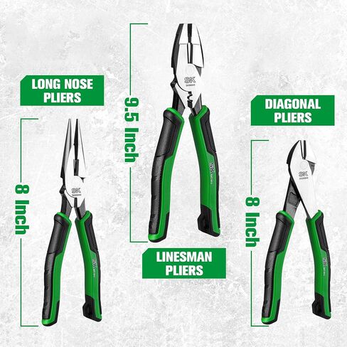 SK 3-Piece Pliers Set, 9.5-Inch Linesman Pliers, 8-Inch Diagonal Pliers, 8-Inch Needle Nose Pliers, Premium CR-V Construction, Ergonomic Non-slip Handle, with Rolling Pouch in Saudi Arabia