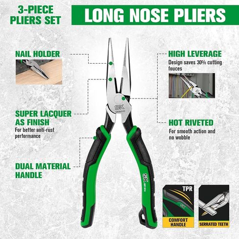 SK 3-Piece Pliers Set, 9.5-Inch Linesman Pliers, 8-Inch Diagonal Pliers, 8-Inch Needle Nose Pliers, Premium CR-V Construction, Ergonomic Non-slip Handle, with Rolling Pouch in Saudi Arabia