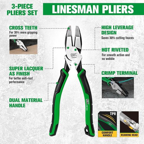SK 3-Piece Pliers Set, 9.5-Inch Linesman Pliers, 8-Inch Diagonal Pliers, 8-Inch Needle Nose Pliers, Premium CR-V Construction, Ergonomic Non-slip Handle, with Rolling Pouch in Saudi Arabia