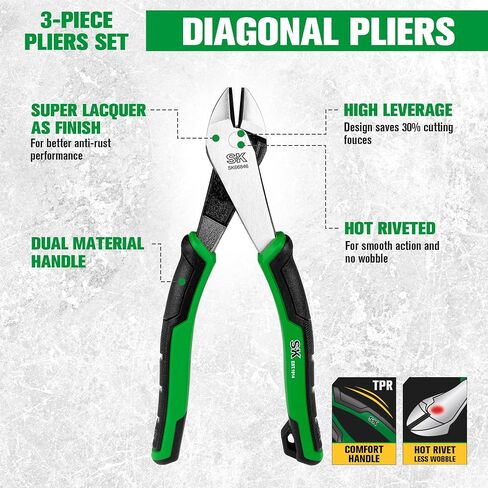 SK 3-Piece Pliers Set, 9.5-Inch Linesman Pliers, 8-Inch Diagonal Pliers, 8-Inch Needle Nose Pliers, Premium CR-V Construction, Ergonomic Non-slip Handle, with Rolling Pouch in Saudi Arabia
