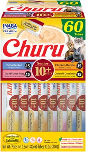 INABA Churu for Senior 10+, Creamy Lickable Cat Treats with Taurine, Vitamin E & C, 0.5 ounces Each, 24 Tubes (4 per Pack), Tuna Recipe in Saudi Arabia