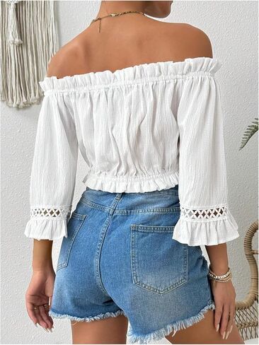 MakeMeChic Women's Frill Trim Off Shoulder Blouse Flare Sleeve Summer Shirt Crop Tops in Saudi Arabia