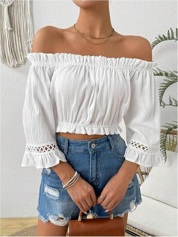 MakeMeChic Women's Frill Trim Off Shoulder Blouse Flare Sleeve Summer Shirt Crop Tops in Saudi Arabia