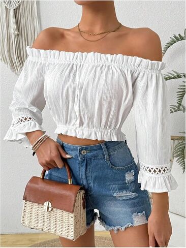 MakeMeChic Women's Frill Trim Off Shoulder Blouse Flare Sleeve Summer Shirt Crop Tops in Saudi Arabia