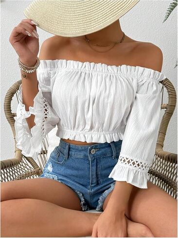 MakeMeChic Women's Frill Trim Off Shoulder Blouse Flare Sleeve Summer Shirt Crop Tops in Saudi Arabia