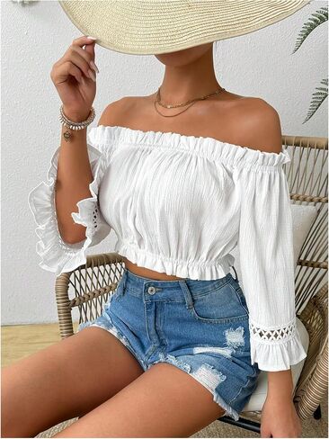 MakeMeChic Women's Frill Trim Off Shoulder Blouse Flare Sleeve Summer Shirt Crop Tops in Saudi Arabia