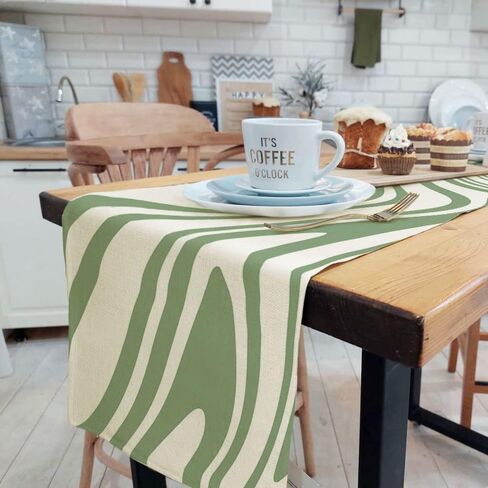 Sage Green Table Runner, Retro Boho Aesthetic 70S Abstract Wavy Swirl Decor Holiday Kitchen Dining Table Decoration for Indoor Outdoor Home Party Decor 13 x 72 Inch in Saudi Arabia