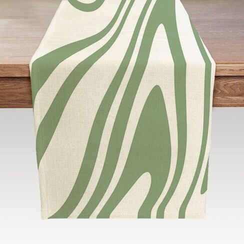 Sage Green Table Runner, Retro Boho Aesthetic 70S Abstract Wavy Swirl Decor Holiday Kitchen Dining Table Decoration for Indoor Outdoor Home Party Decor 13 x 72 Inch in Saudi Arabia