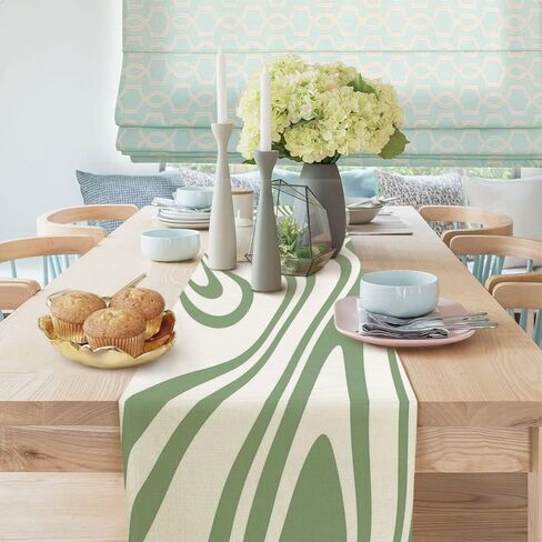 Sage Green Table Runner, Retro Boho Aesthetic 70S Abstract Wavy Swirl Decor Holiday Kitchen Dining Table Decoration for Indoor Outdoor Home Party Decor 13 x 72 Inch in Saudi Arabia