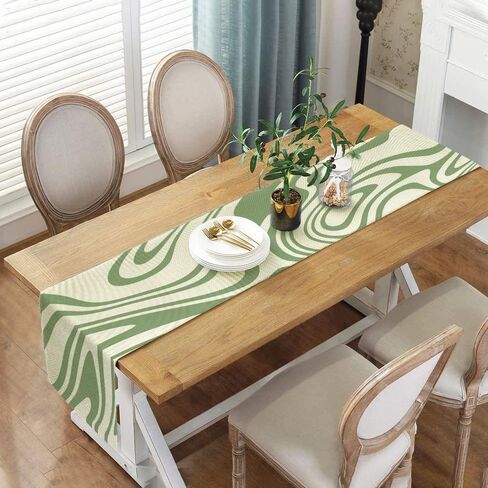 Sage Green Table Runner, Retro Boho Aesthetic 70S Abstract Wavy Swirl Decor Holiday Kitchen Dining Table Decoration for Indoor Outdoor Home Party Decor 13 x 72 Inch in Saudi Arabia