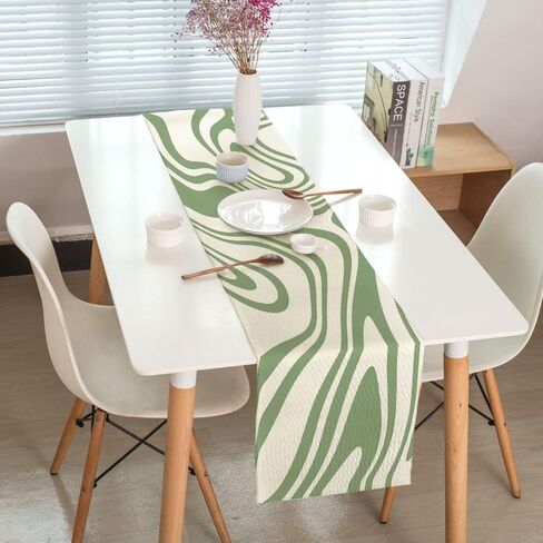 Sage Green Table Runner, Retro Boho Aesthetic 70S Abstract Wavy Swirl Decor Holiday Kitchen Dining Table Decoration for Indoor Outdoor Home Party Decor 13 x 72 Inch in Saudi Arabia