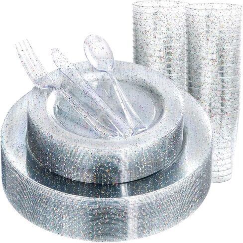 Rubtlamp 180PCS Glitter Plastic Plates with Glitter Disposable Silverware, Clear Glitter Plates for 30 Guests Include 30Dinner Plates, 30Dessert Plates, 90Cutlerys, 30Cups for Party in Saudi Arabia