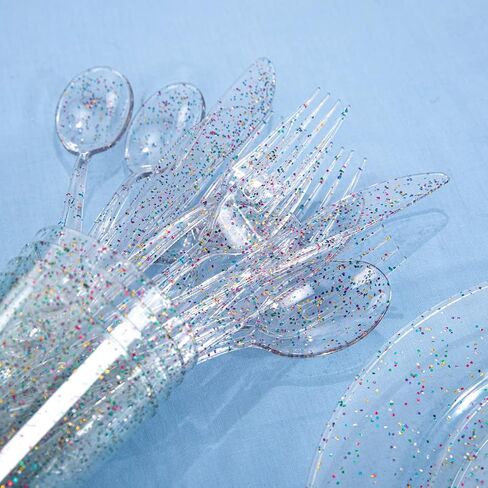 Rubtlamp 180PCS Glitter Plastic Plates with Glitter Disposable Silverware, Clear Glitter Plates for 30 Guests Include 30Dinner Plates, 30Dessert Plates, 90Cutlerys, 30Cups for Party in Saudi Arabia
