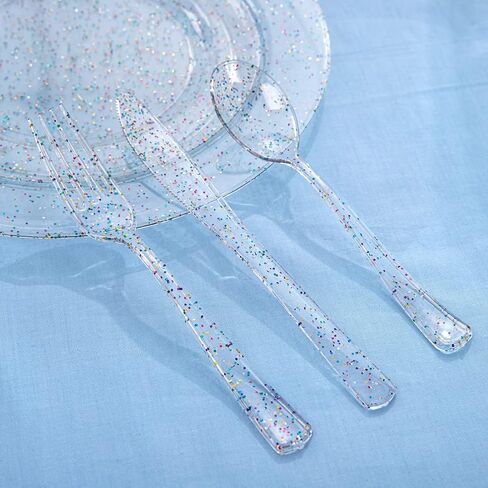 Rubtlamp 180PCS Glitter Plastic Plates with Glitter Disposable Silverware, Clear Glitter Plates for 30 Guests Include 30Dinner Plates, 30Dessert Plates, 90Cutlerys, 30Cups for Party in Saudi Arabia