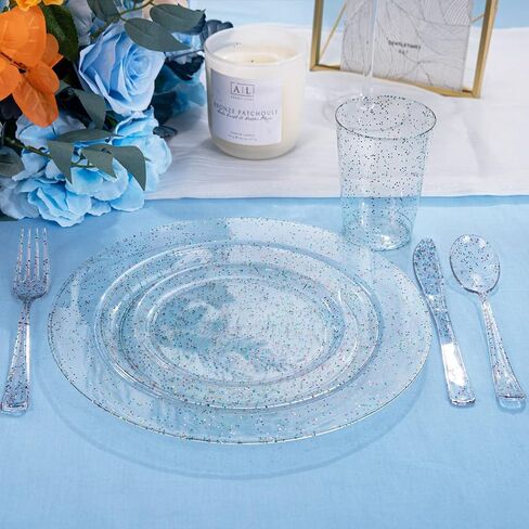 Rubtlamp 180PCS Glitter Plastic Plates with Glitter Disposable Silverware, Clear Glitter Plates for 30 Guests Include 30Dinner Plates, 30Dessert Plates, 90Cutlerys, 30Cups for Party in Saudi Arabia