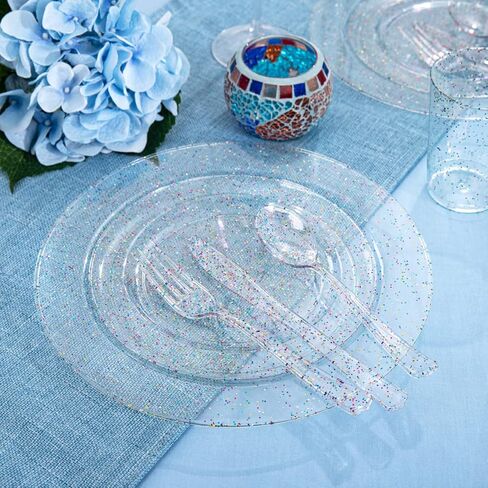 Rubtlamp 180PCS Glitter Plastic Plates with Glitter Disposable Silverware, Clear Glitter Plates for 30 Guests Include 30Dinner Plates, 30Dessert Plates, 90Cutlerys, 30Cups for Party in Saudi Arabia