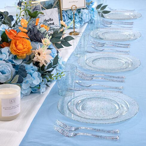 Rubtlamp 180PCS Glitter Plastic Plates with Glitter Disposable Silverware, Clear Glitter Plates for 30 Guests Include 30Dinner Plates, 30Dessert Plates, 90Cutlerys, 30Cups for Party in Saudi Arabia