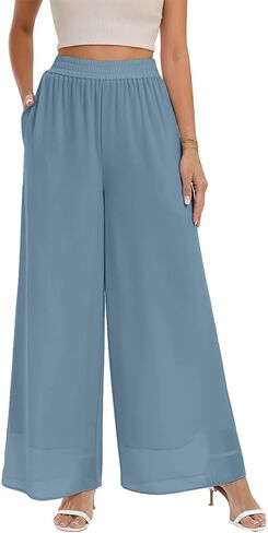 Palazzo Pants for Women Dressy Summer Casual Boho Chiffon Wide Leg Pants Elegant Flowy Beach Pants in Saudi Arabia