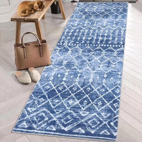Hallway Runner Rug 2x6 Feet Modern Moroccan Boho Washable Runner Rug, Non-Slip Stain Resistant Area Rug Diamond Bohemian Kitchen Mat Entryway Carpet Rug for Bedside, Black in Saudi Arabia