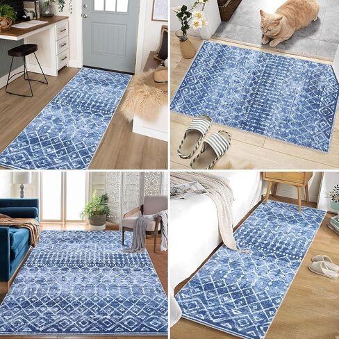 Hallway Runner Rug 2x6 Feet Modern Moroccan Boho Washable Runner Rug, Non-Slip Stain Resistant Area Rug Diamond Bohemian Kitchen Mat Entryway Carpet Rug for Bedside, Black in Saudi Arabia