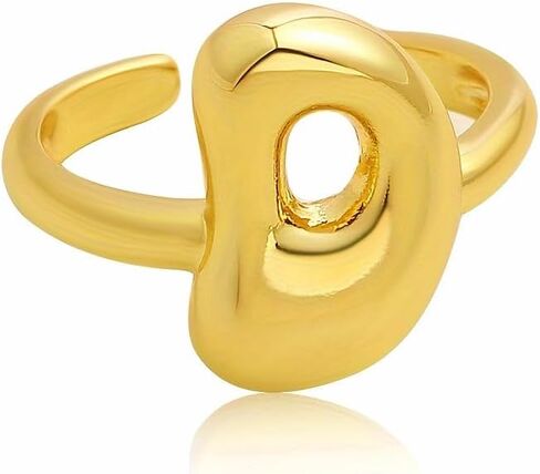 خاتم حرف فقاعي ذهبي للنساء، بالون حروف أبجدية مفتوحة أولية من A-Z مصقول ومطلي بالذهب عيار 14 قيراط اسم منتفخ قابل للتعديل مجوهرات هدية in Kuwait