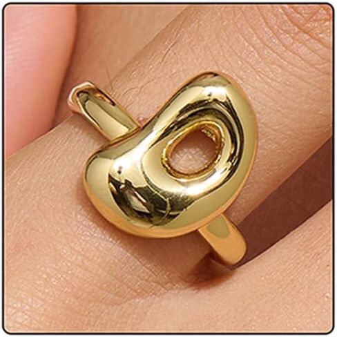 خاتم حرف فقاعي ذهبي للنساء، بالون حروف أبجدية مفتوحة أولية من A-Z مصقول ومطلي بالذهب عيار 14 قيراط اسم منتفخ قابل للتعديل مجوهرات هدية in Kuwait