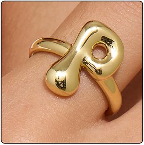 Bubble Letter Ring Gold For Women, Balloon Initial Open Alphabet A-Z Polished 14k Gold Plated Puffy Name Adjustable Statement Gift Jewelry in Kuwait