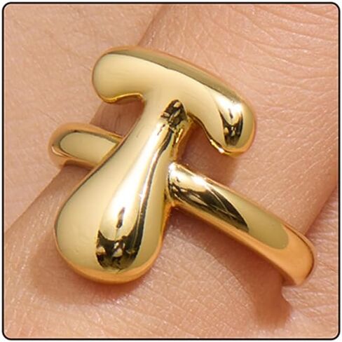 Bubble Letter Ring Gold For Women, Balloon Initial Open Alphabet A-Z Polished 14k Gold Plated Puffy Name Adjustable Statement Gift Jewelry in Kuwait