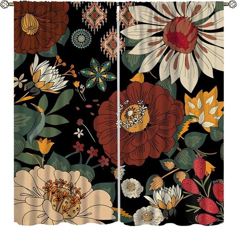Boho Floral Curtain for Bedrooms,Abstract Mid Century Morden Bohemian Decor Drapes for Girls Women Home Window Curtains 42x45 Inch, Black Red in Kuwait