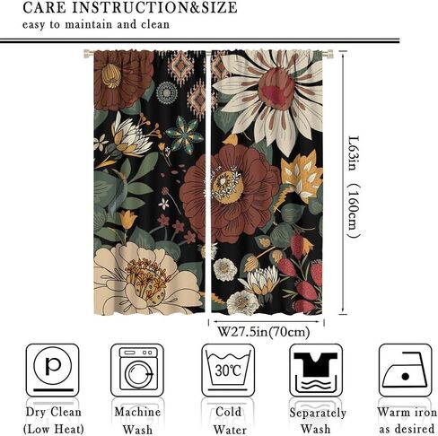Boho Floral Curtain for Bedrooms,Abstract Mid Century Morden Bohemian Decor Drapes for Girls Women Home Window Curtains 42x45 Inch, Black Red in Kuwait