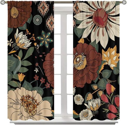 Boho Floral Curtain for Bedrooms,Abstract Mid Century Morden Bohemian Decor Drapes for Girls Women Home Window Curtains 42x45 Inch, Black Red in Kuwait