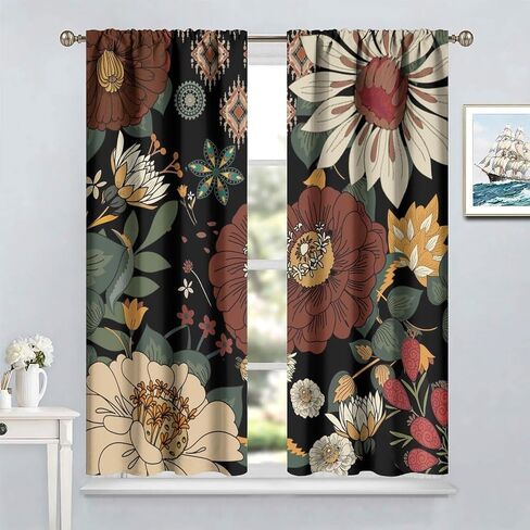 Boho Floral Curtain for Bedrooms,Abstract Mid Century Morden Bohemian Decor Drapes for Girls Women Home Window Curtains 42x45 Inch, Black Red in Kuwait