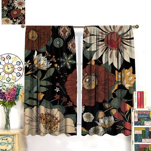 Boho Floral Curtain for Bedrooms,Abstract Mid Century Morden Bohemian Decor Drapes for Girls Women Home Window Curtains 42x45 Inch, Black Red in Kuwait