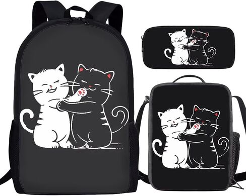 3 PCS Cartoon Cute Black White Cat Print Travel Backpack Set for Women Men, Kids Knapsack Rucksack Lunch Box with Thermal Insulated Pen Case in Saudi Arabia