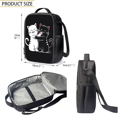 3 PCS Cartoon Cute Black White Cat Print Travel Backpack Set for Women Men, Kids Knapsack Rucksack Lunch Box with Thermal Insulated Pen Case in Saudi Arabia