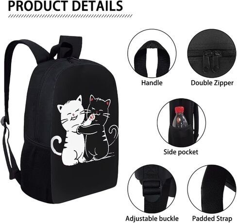3 PCS Cartoon Cute Black White Cat Print Travel Backpack Set for Women Men, Kids Knapsack Rucksack Lunch Box with Thermal Insulated Pen Case in Saudi Arabia