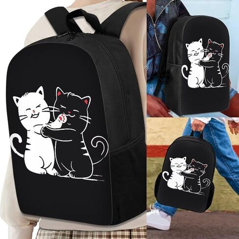 3 PCS Cartoon Cute Black White Cat Print Travel Backpack Set for Women Men, Kids Knapsack Rucksack Lunch Box with Thermal Insulated Pen Case in Saudi Arabia