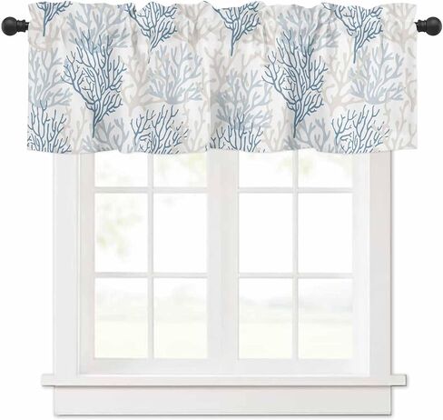 Blue Grey Coral Coastal Farmhouse Short Window Curtain Valances, Summer Beach Valances for Windows, Seaside Nautical Rod Pocket Kitchen Valances for Living Room Bedroom Bathroom Cafe 54"x18" in Kuwait
