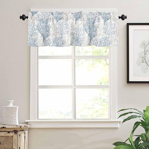 Blue Grey Coral Coastal Farmhouse Short Window Curtain Valances, Summer Beach Valances for Windows, Seaside Nautical Rod Pocket Kitchen Valances for Living Room Bedroom Bathroom Cafe 54"x18" in Kuwait