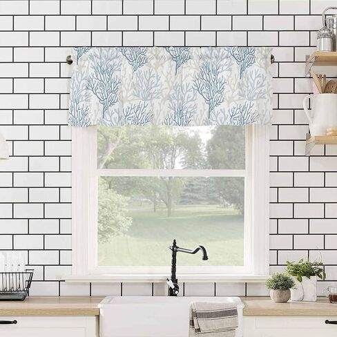 Blue Grey Coral Coastal Farmhouse Short Window Curtain Valances, Summer Beach Valances for Windows, Seaside Nautical Rod Pocket Kitchen Valances for Living Room Bedroom Bathroom Cafe 54"x18" in Kuwait