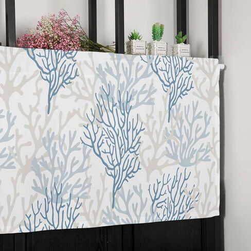 Blue Grey Coral Coastal Farmhouse Short Window Curtain Valances, Summer Beach Valances for Windows, Seaside Nautical Rod Pocket Kitchen Valances for Living Room Bedroom Bathroom Cafe 54"x18" in Kuwait