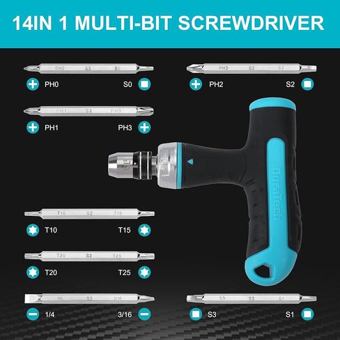 مجموعة مفكات براغي 14 في 1 من DURATECH، مجموعة مفكات براغي متعددة القطع الكل في واحد مع آلية التحميل السريع، 7 قطع فيليبس، مشقوقة، توركس، لقم فولاذية مربعة S2، مقبض على شكل حرف T، للاستخدام الخارجي واليومي in Kuwait